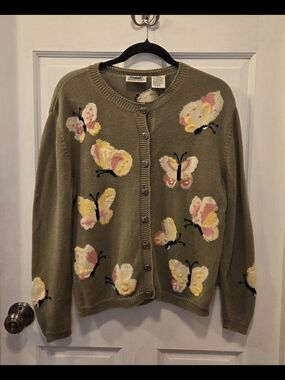 Vintage Northern Reflections Gray Embroidered Butterfly Button-Front Cardigan